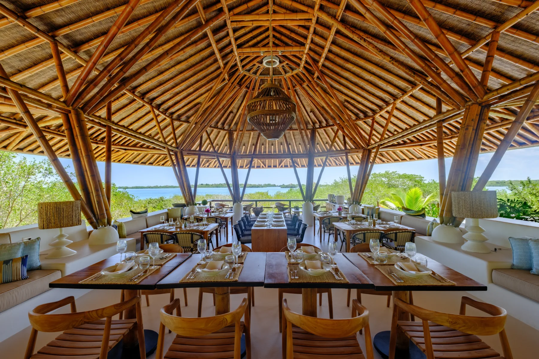 The bamboo dining pavilion at Ancalá Waterfront, looking over the Bay of Cholón