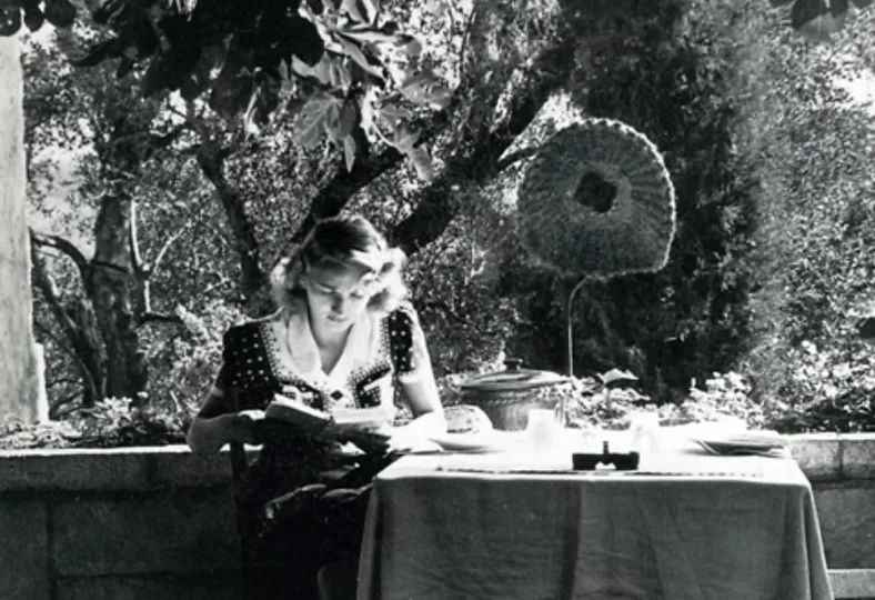 A guest reading at a table on the terrace of La Colombe d'Or, Saint Paul de Vence
