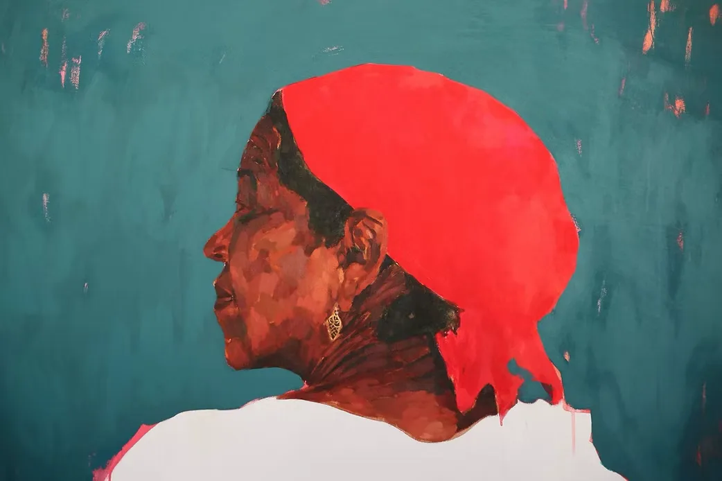 A painting of a woman in a red headwrap, made during a residency